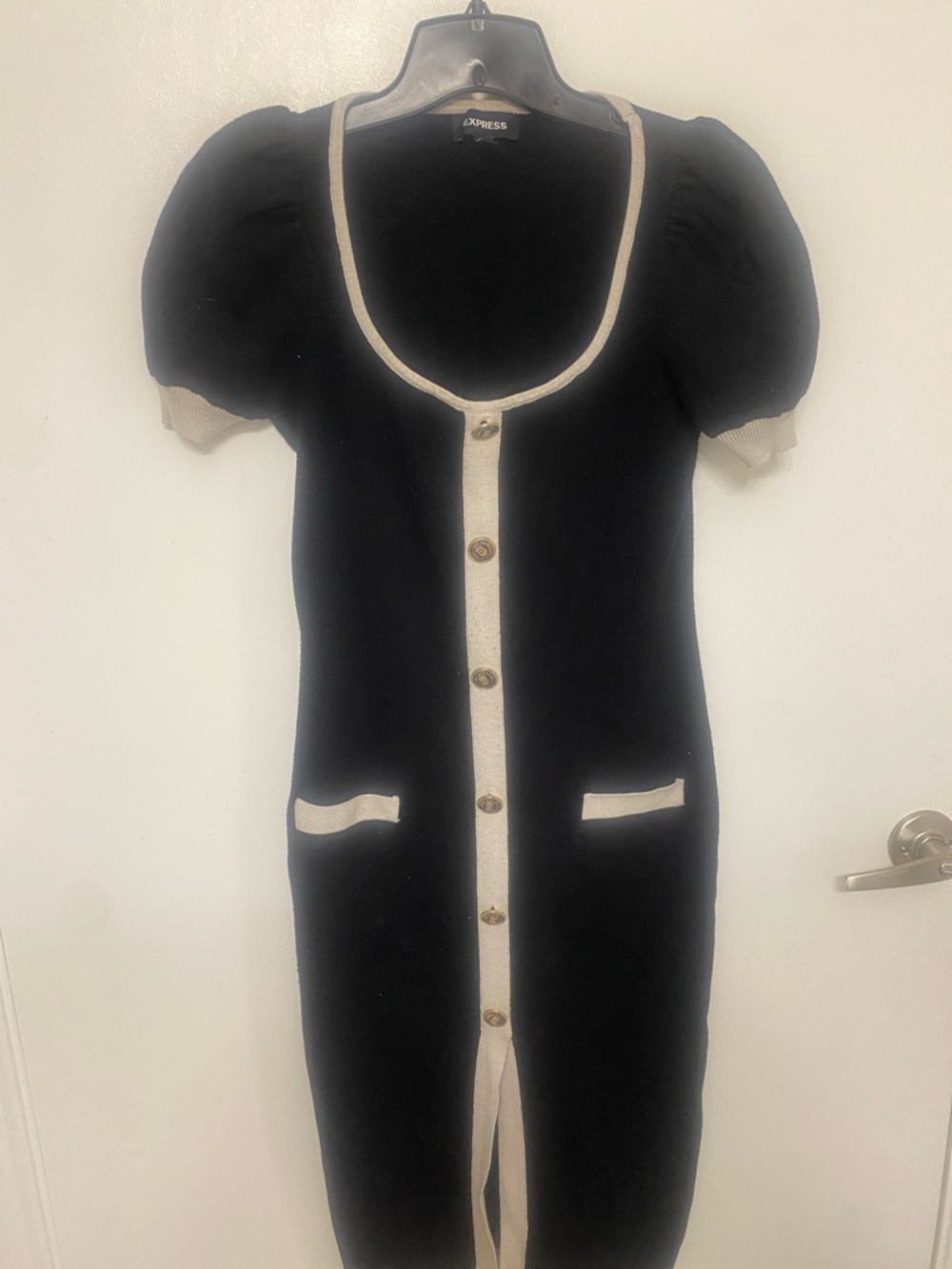 Express Black Knit Button-Front Romper with Cream Trim Accents